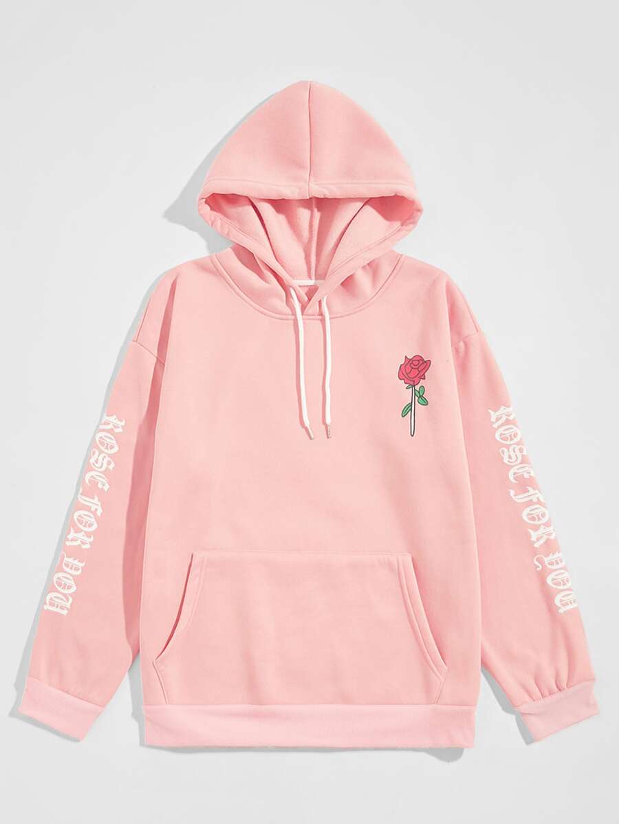 Manfinity Hypemode Men Flower And Letter Graphic Kangaroo Pocket Drawstring Hoodie - Baby Pink - View 1