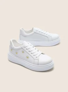 Floral Embroidered Lace-Up Front Skate Shoes, White Sporty Embroidered Flower Print Women's Casual Athletic Shoes - White - View 3