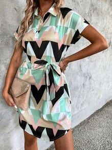 SHEIN Unity Allover Geo Print Batwing Sleeve Dress - Multicolor - View 3