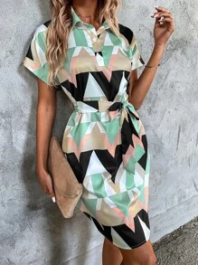 SHEIN Unity Allover Geo Print Batwing Sleeve Dress - Multicolor - View 6