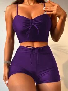 束口打結前扣夏季沙灘比基尼 - 紫羅蘭色 - 查看 1