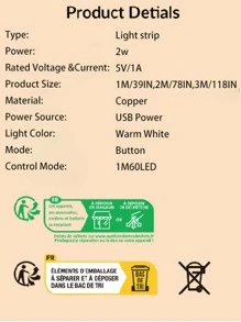 1 pieza tira de luces LED de 1/2/3M 60/120/180, cadena de lámpara de alimentación USB blanca cálida para decoración del hogar - Amarillo - Ver 6