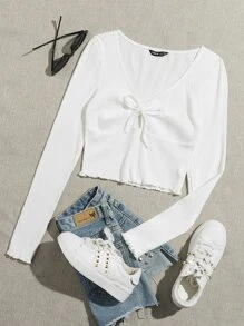 SHEIN EZwear Lettuce Trim Knot Front Rib-knit Tee