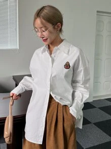 DAZY Patched Detail Drop Shoulder Shirt - White - View 7