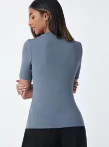 SHEIN BASICS 小高領素色羅紋針織T恤