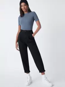 SHEIN BASICS 小高領素色羅紋針織T恤