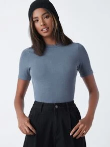 SHEIN BASICS 小高領素色羅紋針織T恤