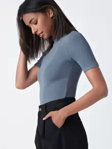 SHEIN BASICS 小高領素色羅紋針織T恤