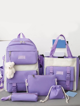 5pcs Girls Two Tone Doll Decor Backpack Set