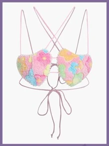 SHEIN ICON Floral Pattern Criss Cross Lace Up Fuzzy Cami Top