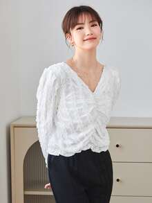 Blus polos lengan mengembang dengan detail rumbai di bagian bawah. - Putih - View 3