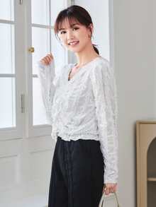 Blus polos lengan mengembang dengan detail rumbai di bagian bawah. - Putih - View 4