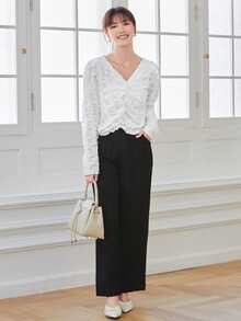 Blus polos lengan mengembang dengan detail rumbai di bagian bawah. - Putih - View 5