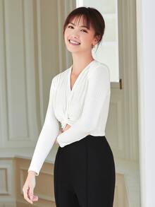 Solid Twist Front Crop Tee - White - View 3
