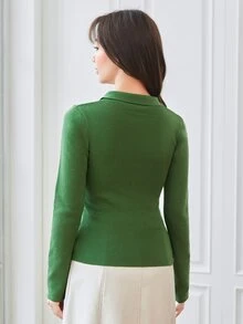 Solid Ruched Button Front Slim Jumper - Green - View 2