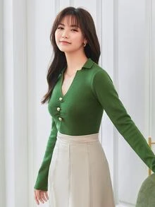 Solid Ruched Button Front Slim Jumper - Green - View 5