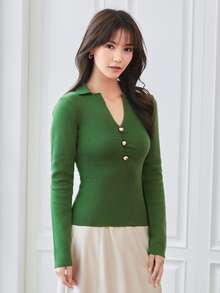 Solid Ruched Button Front Slim Jumper - Green - View 6