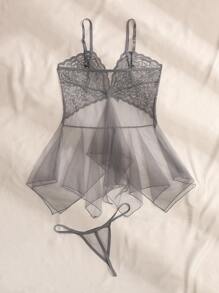 Pure Desire Camisón sexy con vestido de encaje y malla transparente con tanga - Gris - Ver 2