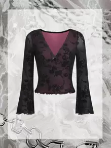 SHEIN ICON Grunge Floral Print Lace Trim Mesh Top - Multicolor - View 1