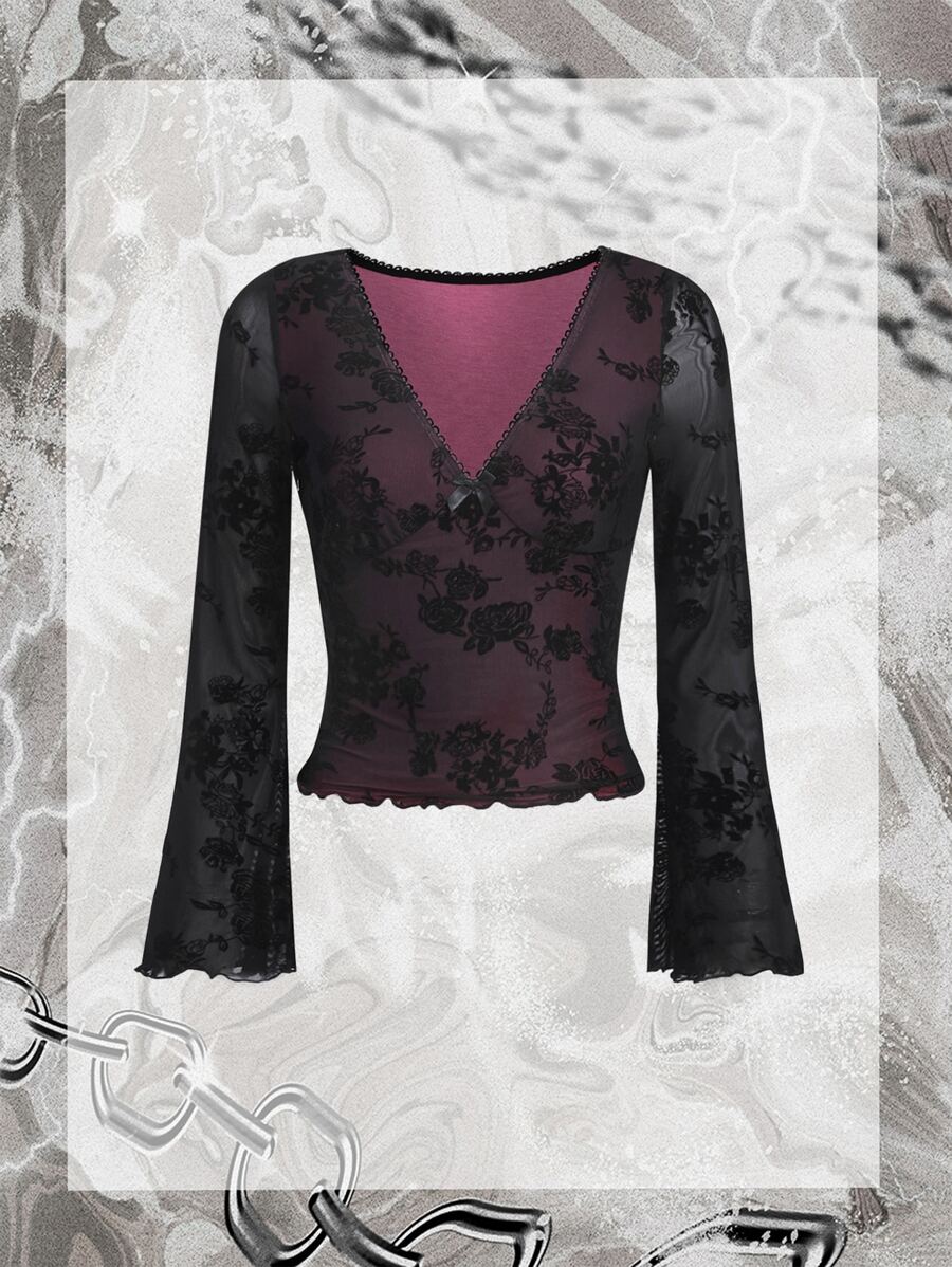SHEIN ICON Grunge Floral Print Lace Trim Mesh Top - Multicolor - View 1