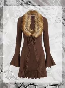 SHEIN ICON Grunge Borg Collar Flounce Sleeve Ruffle Trim Knot Front Coat - Mocha Brown - View 1