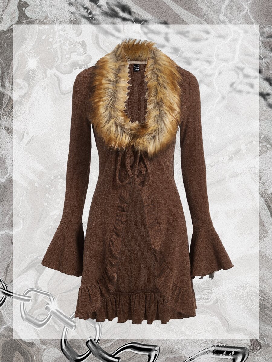 SHEIN ICON Grunge Borg Collar Flounce Sleeve Ruffle Trim Knot Front Coat - Mocha Brown - View 1