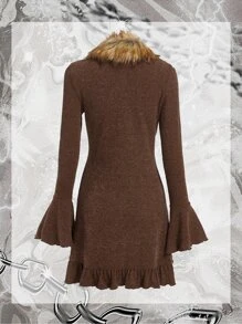 SHEIN ICON Grunge Borg Collar Flounce Sleeve Ruffle Trim Knot Front Coat - Mocha Brown - View 2