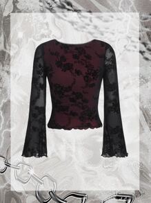 SHEIN ICON Grunge Floral Print Lace Trim Mesh Top - Multicolor - View 2