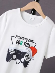 Boys Christmas Hat And Slogan Graphic Tee