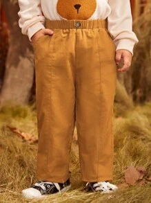 SHEIN 小男童彈性腰帶斜口袋長褲 - 薑色 - 查看 5