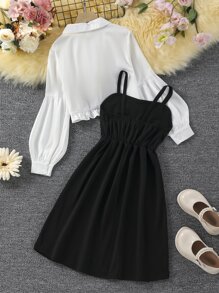 SHEIN 少女襯邊主教袖高低裙衫和背心裙