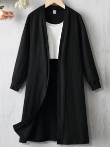 Girls 1pc Ribbed Knit Open Front Coat - Black - View 1