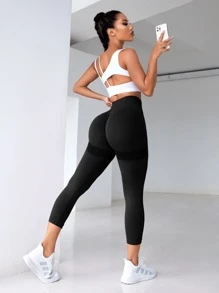 Gameset SHEIN Sport Quần Leggings Thể thao Nữ Xù màu trơn - màu đen - Xem 2