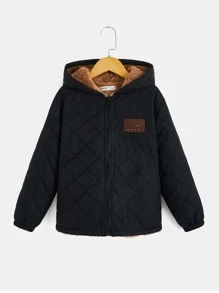 SHEIN 青少年男孩字母拼接細節泰迪線帽拉鍊棉被外套