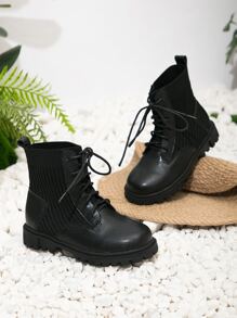 Girls Lace-up Front Sock Boots - Black - View 1