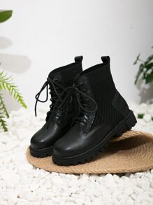 Girls Lace-up Front Sock Boots - Black - View 3