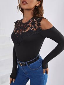 SHEIN Clasi Áo thun nữ Tương phản ren màu trơn Thanh lịch - màu đen - Xem 2