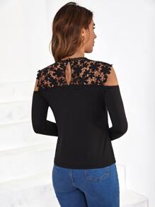 SHEIN Clasi Áo thun nữ Tương phản ren màu trơn Thanh lịch - màu đen - Xem 3