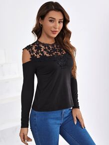 SHEIN Clasi Áo thun nữ Tương phản ren màu trơn Thanh lịch - màu đen - Xem 5