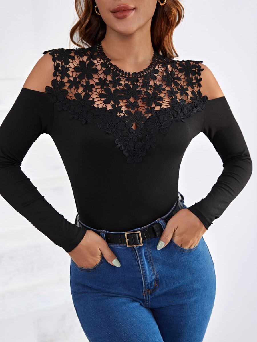 SHEIN Clasi Áo thun nữ Tương phản ren màu trơn Thanh lịch - màu đen - Xem 1