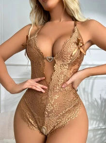 Snug Zone Floral Lace Lace Up Back Cut-out Teddy Bodysuit - Mocha Brown - View 5