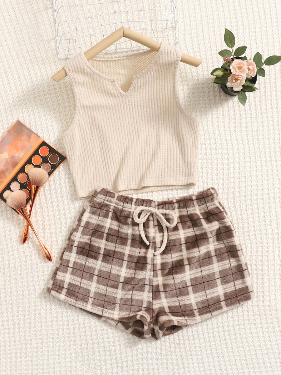 Plus Notched Neck Tank Top & Plaid Print Shorts PJ Set - Multicolor - View 1