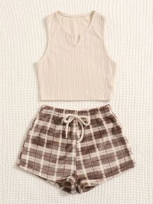 Plus Notched Neck Tank Top & Plaid Print Shorts PJ Set - Multicolor - View 3