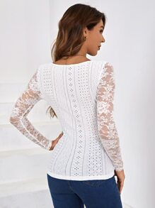 SHEIN Frenchy 素色網眼刺繡蕾絲拼接T恤 - 白色 - 查看 2