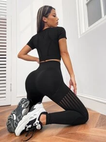 Yoga Basic Hollow Out Wide Waistband Sports Set - Black - View 2