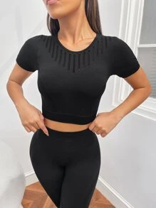 Yoga Basic Hollow Out Wide Waistband Sports Set - Black - View 4