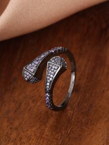 Cubic Zirconia Decor Cuff Ring - Gun Black - View 1