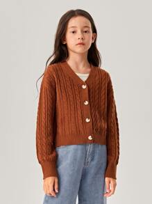 Niñas Cárdigan de hombros caídos tejido de cable - Óxido marrón - Ver 1