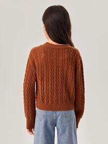 Niñas Cárdigan de hombros caídos tejido de cable - Óxido marrón - Ver 2