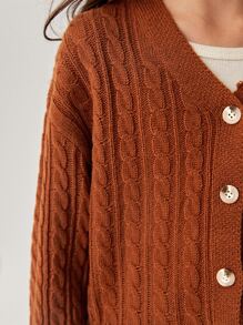 Niñas Cárdigan de hombros caídos tejido de cable - Óxido marrón - Ver 3